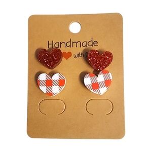 Cherry Picnic Sparkle Heart Acrylic Stud Earrings - 2 Pair